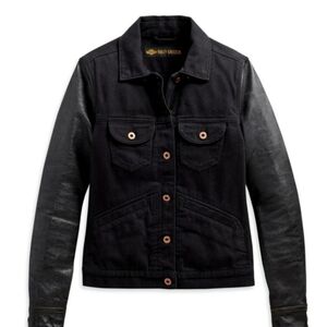 Harley-Davidson Women's Black Denim Jacket With Leather Sleeves